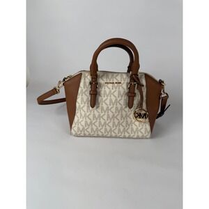 Michael Kors Ciara Small Satchel MK Monogram Canvas Brown Leather Crossbody Bag